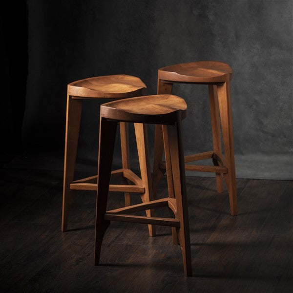 Cherry Terza wood bar stool - Three-legged stool - Carved seat