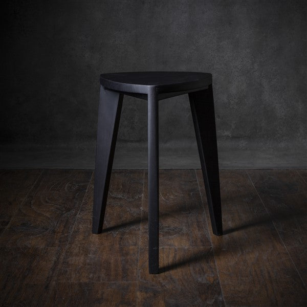 Black Wooden Stool – Minimalist Burnt Triangle Seat – Handmade Modern Accent Furniture, Solid Wood Side Stool, Japandi Interior