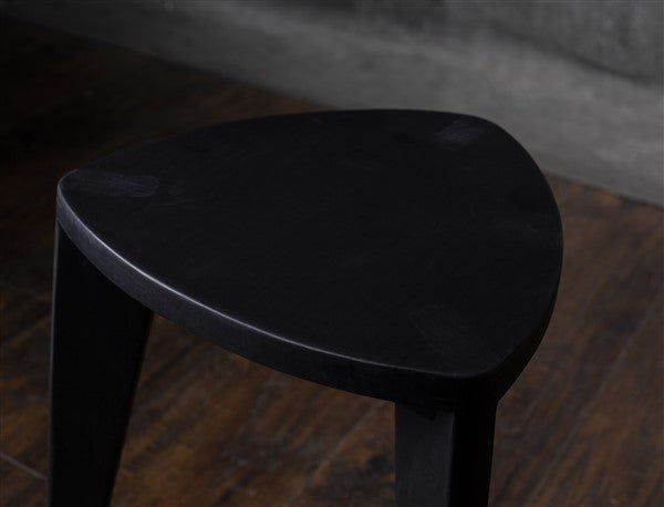 Black Wooden Stool – Minimalist Burnt Triangle Seat – Handmade Modern Accent Furniture, Solid Wood Side Stool, Japandi Interior