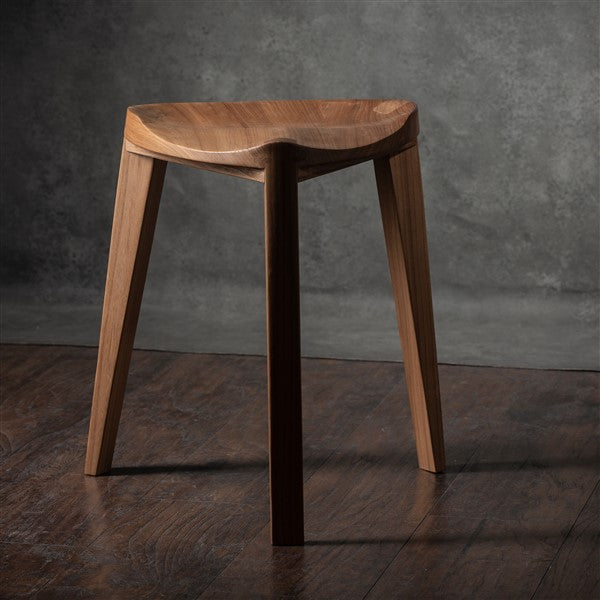 Elm wood three-legged stool carved seat