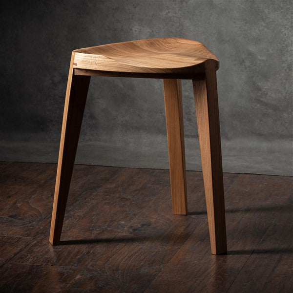 Elm wood three-legged stool carved seat