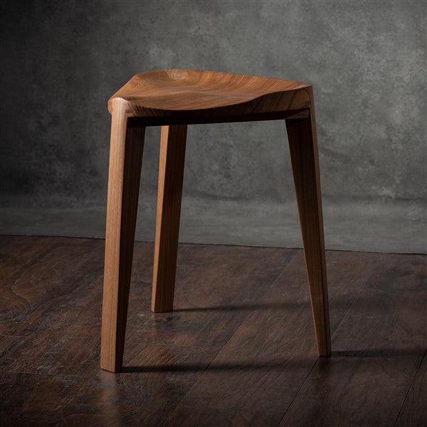Elm wood three-legged stool carved seat