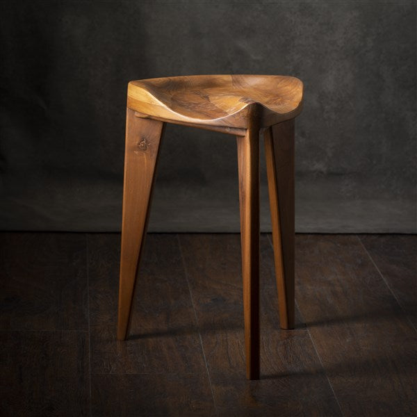 Walnut Three-Legged Stool with Carved Seat