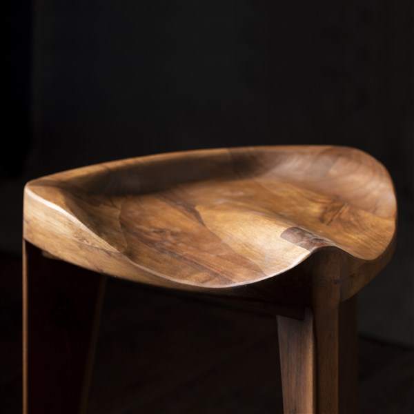 Walnut Three-Legged Stool with Carved Seat