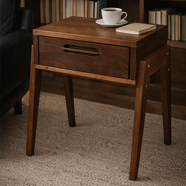 Solid Walnut Nightstand with Drawer, Japandi Minimal Bedside Table - Hashi