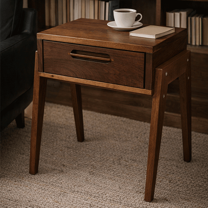 Solid Walnut Nightstand with Drawer, Japandi Minimal Bedside Table - Hashi