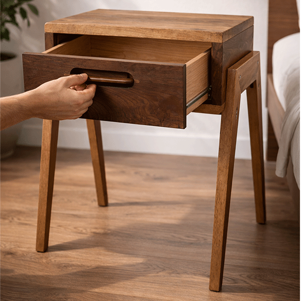 Solid Walnut Nightstand with Drawer, Japandi Minimal Bedside Table - Hashi