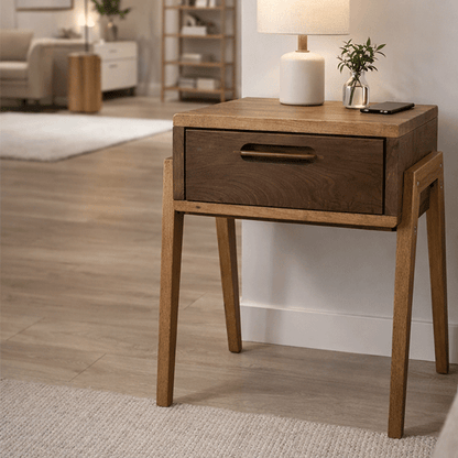 Solid Walnut Nightstand with Drawer, Japandi Minimal Bedside Table - Hashi